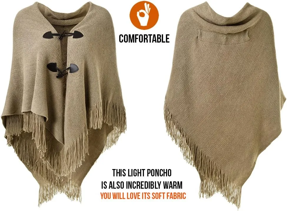 Ferand Womens Loose Fitting Poncho Cape Shawl with Stylish Horn Buttons, V Neckline and V Hem
