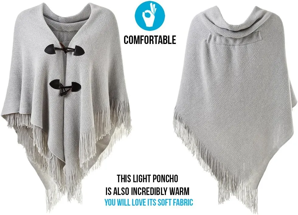 Ferand Womens Loose Fitting Poncho Cape Shawl with Stylish Horn Buttons, V Neckline and V Hem