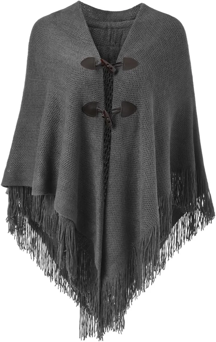 Ferand Womens Loose Fitting Poncho Cape Shawl with Stylish Horn Buttons, V Neckline and V Hem