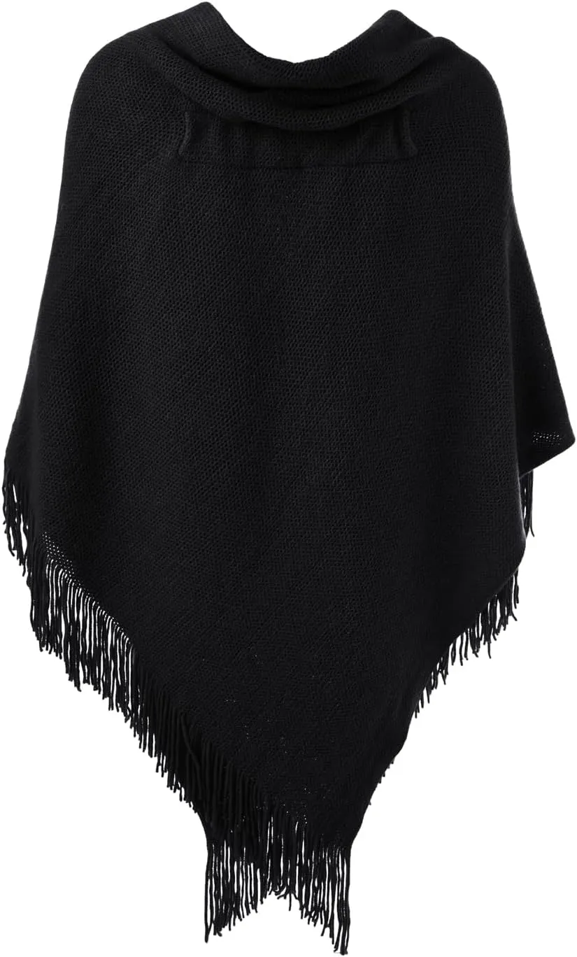 Ferand Womens Loose Fitting Poncho Cape Shawl with Stylish Horn Buttons, V Neckline and V Hem
