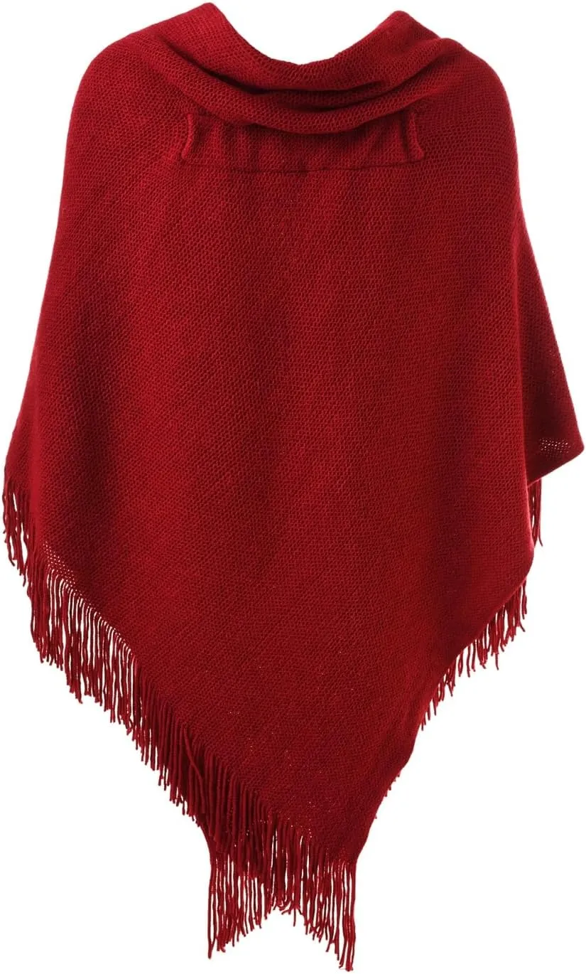 Ferand Womens Loose Fitting Poncho Cape Shawl with Stylish Horn Buttons, V Neckline and V Hem