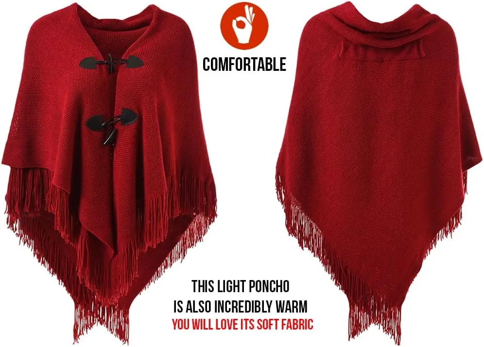Ferand Womens Loose Fitting Poncho Cape Shawl with Stylish Horn Buttons, V Neckline and V Hem