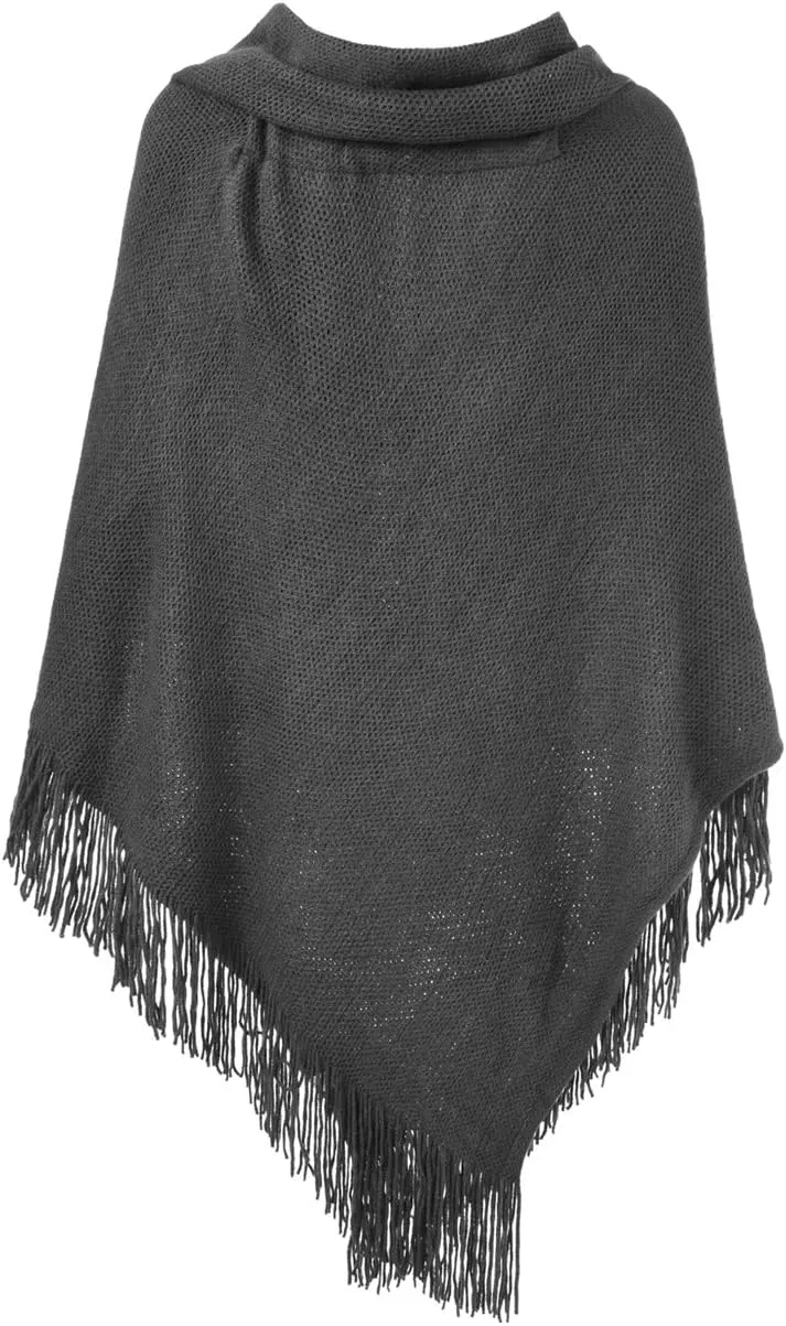 Ferand Womens Loose Fitting Poncho Cape Shawl with Stylish Horn Buttons, V Neckline and V Hem