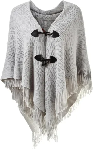 Ferand Womens Loose Fitting Poncho Cape Shawl with Stylish Horn Buttons, V Neckline and V Hem