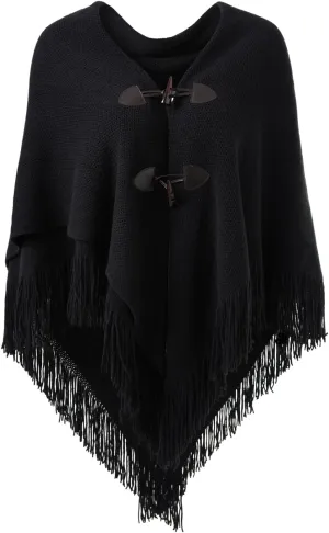 Ferand Womens Loose Fitting Poncho Cape Shawl with Stylish Horn Buttons, V Neckline and V Hem