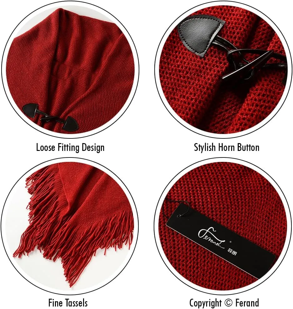 Ferand Womens Loose Fitting Poncho Cape Shawl with Stylish Horn Buttons, V Neckline and V Hem