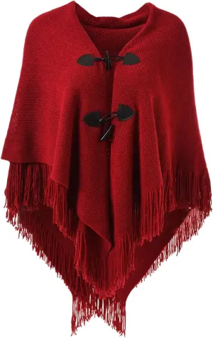 Ferand Womens Loose Fitting Poncho Cape Shawl with Stylish Horn Buttons, V Neckline and V Hem