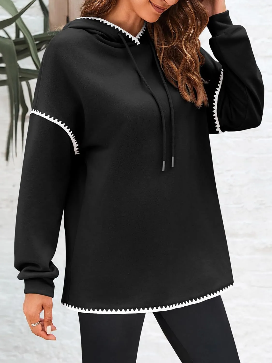 Fisoew Womens Oversized Long Sleeve Hoodies Casual Drawstring Contrast Color Sweatshirts Fall Pullovers