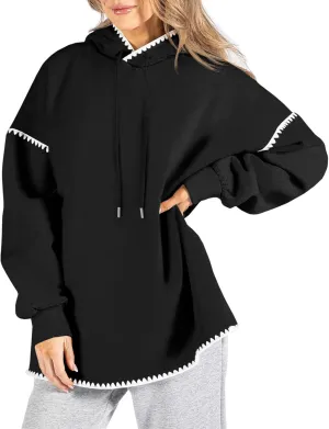 Fisoew Womens Oversized Long Sleeve Hoodies Casual Drawstring Contrast Color Sweatshirts Fall Pullovers