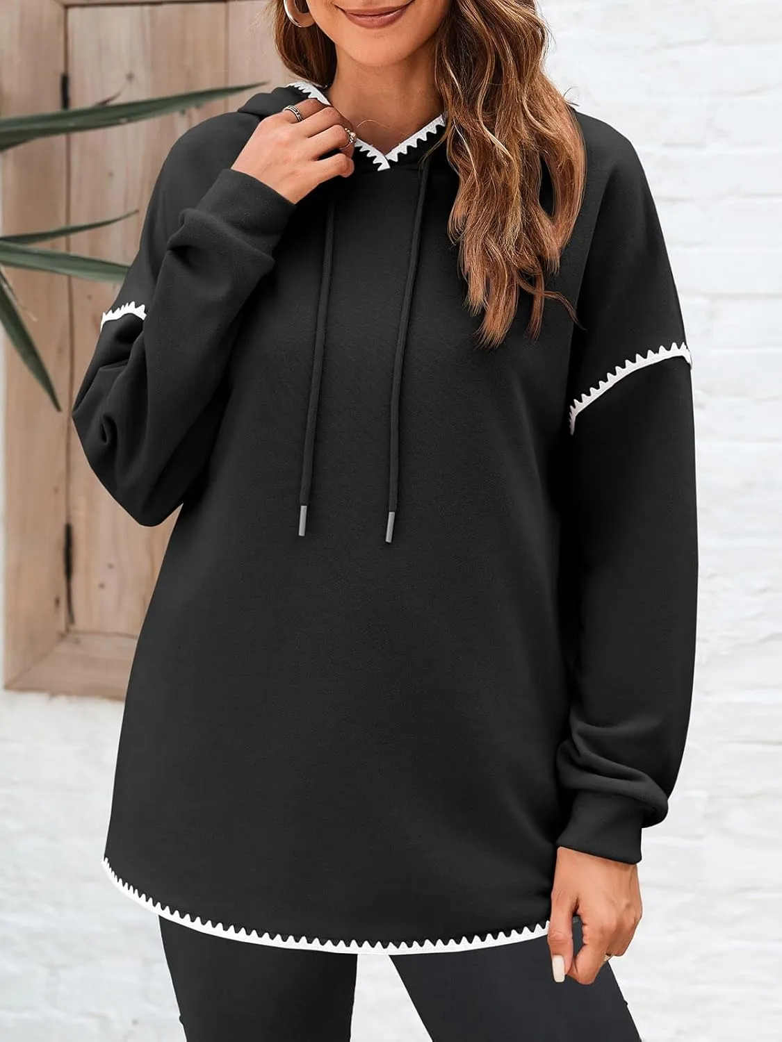Fisoew Womens Oversized Long Sleeve Hoodies Casual Drawstring Contrast Color Sweatshirts Fall Pullovers