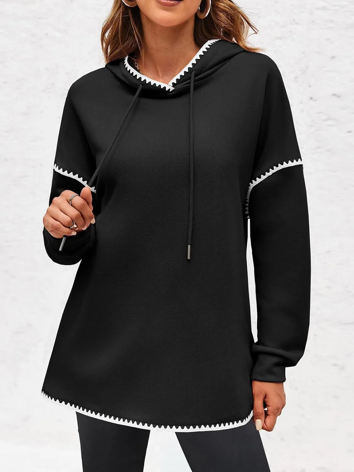 Fisoew Womens Oversized Long Sleeve Hoodies Casual Drawstring Contrast Color Sweatshirts Fall Pullovers
