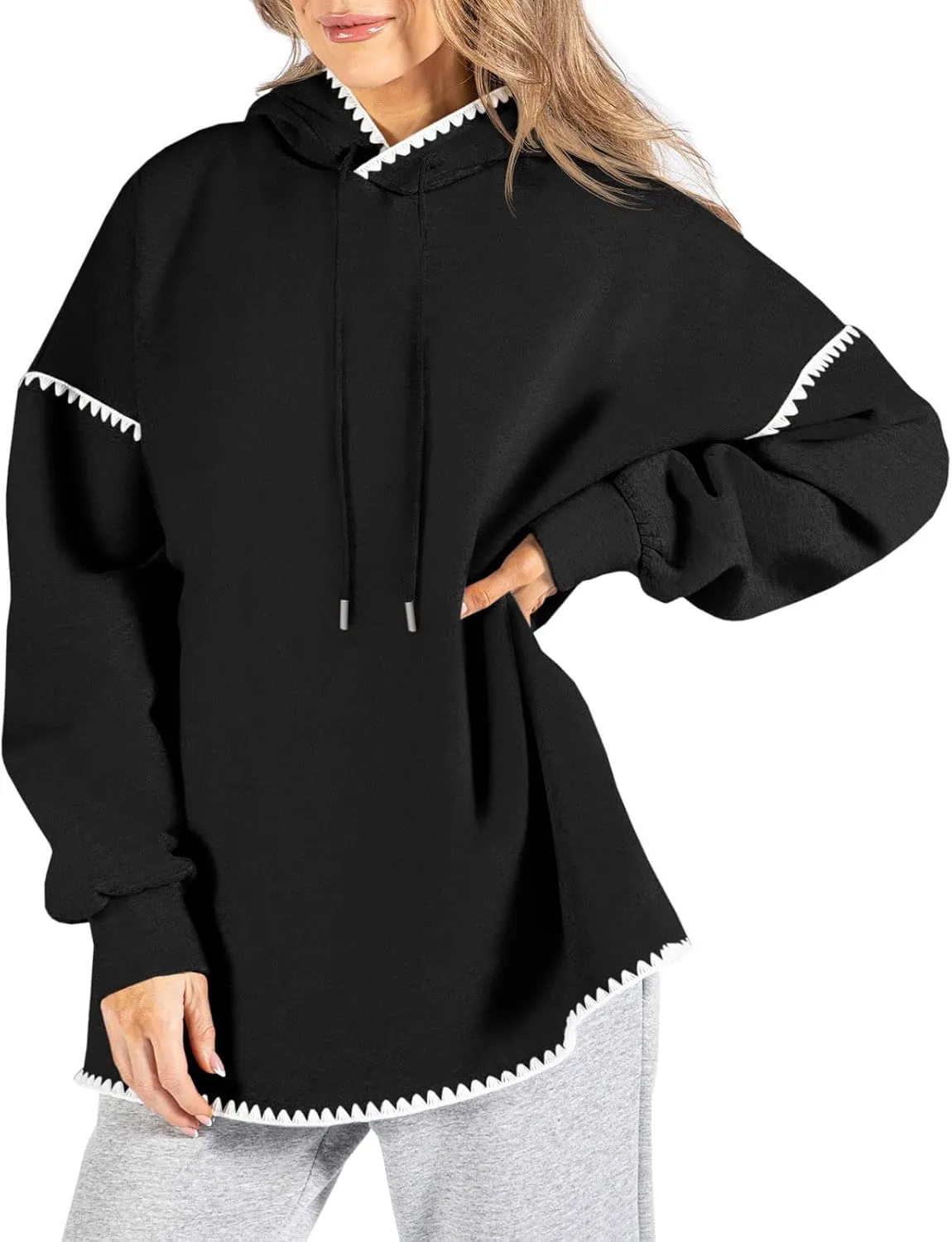 Fisoew Womens Oversized Long Sleeve Hoodies Casual Drawstring Contrast Color Sweatshirts Fall Pullovers