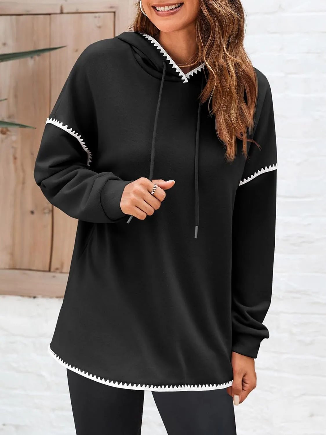 Fisoew Womens Oversized Long Sleeve Hoodies Casual Drawstring Contrast Color Sweatshirts Fall Pullovers