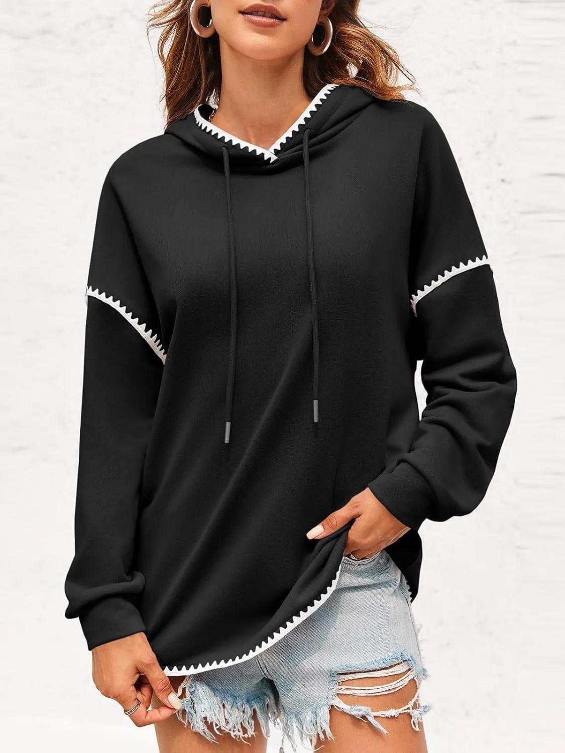 Fisoew Womens Oversized Long Sleeve Hoodies Casual Drawstring Contrast Color Sweatshirts Fall Pullovers