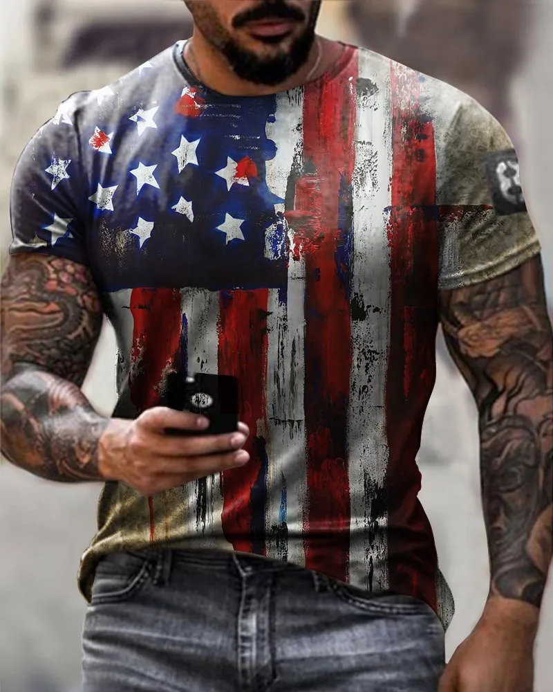 Flag Print Vintage Casual T-Shirt