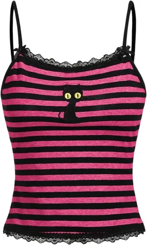 Floerns Women's Sleeveless Cat Embroidery Striped Scoop Neck Contrast Lace Cami Tops