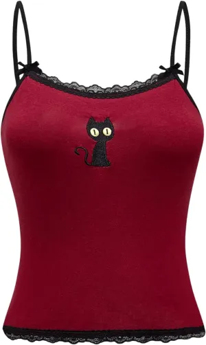 Floerns Women's Sleeveless Cat Embroidery Striped Scoop Neck Contrast Lace Cami Tops