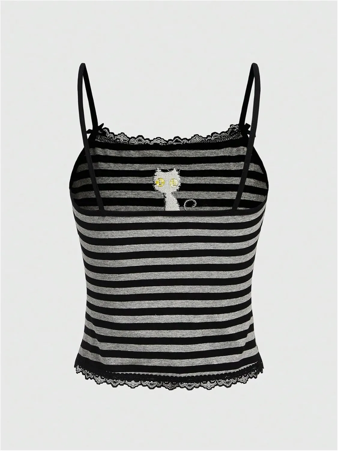 Floerns Women's Sleeveless Cat Embroidery Striped Scoop Neck Contrast Lace Cami Tops