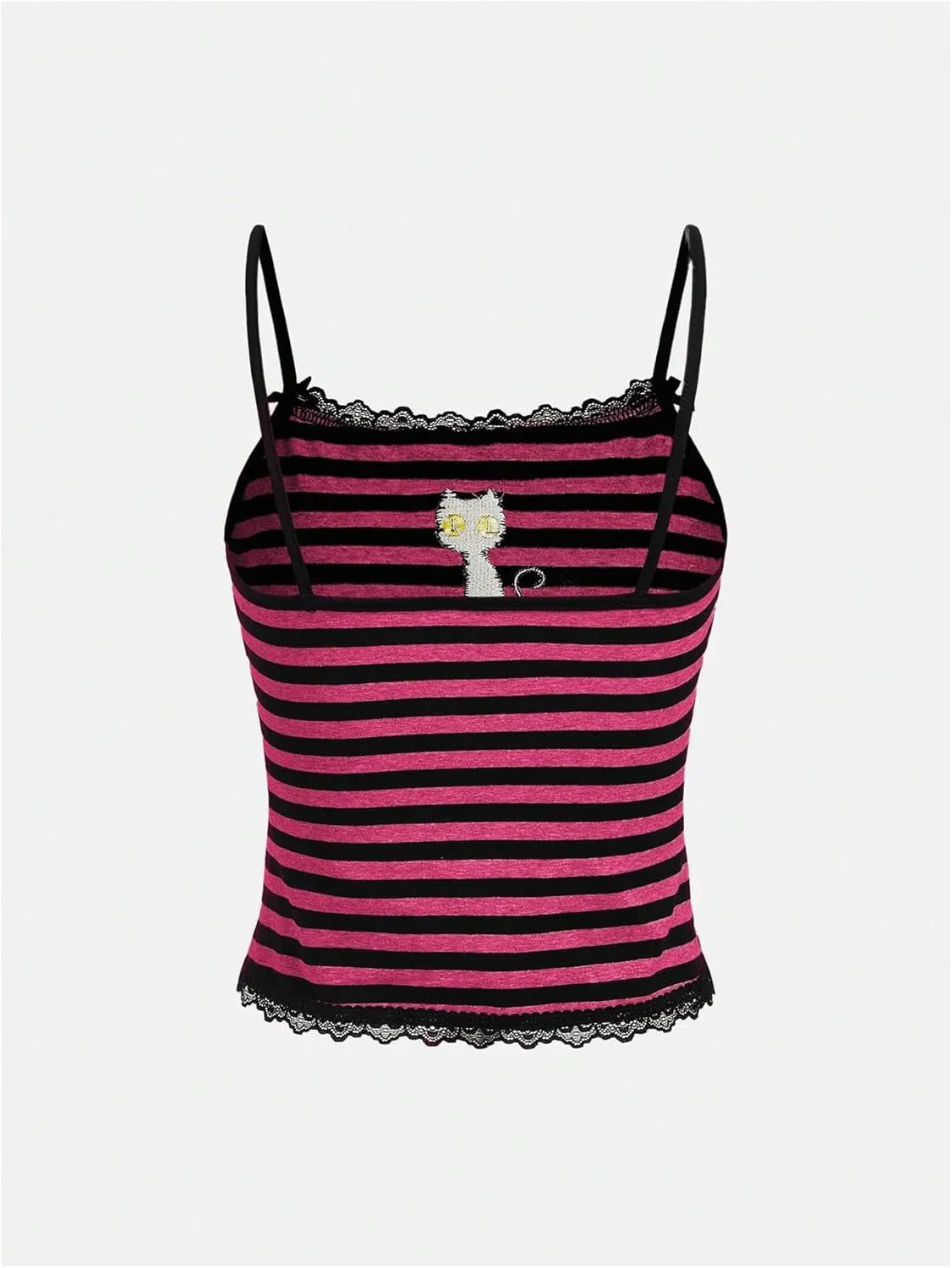 Floerns Women's Sleeveless Cat Embroidery Striped Scoop Neck Contrast Lace Cami Tops