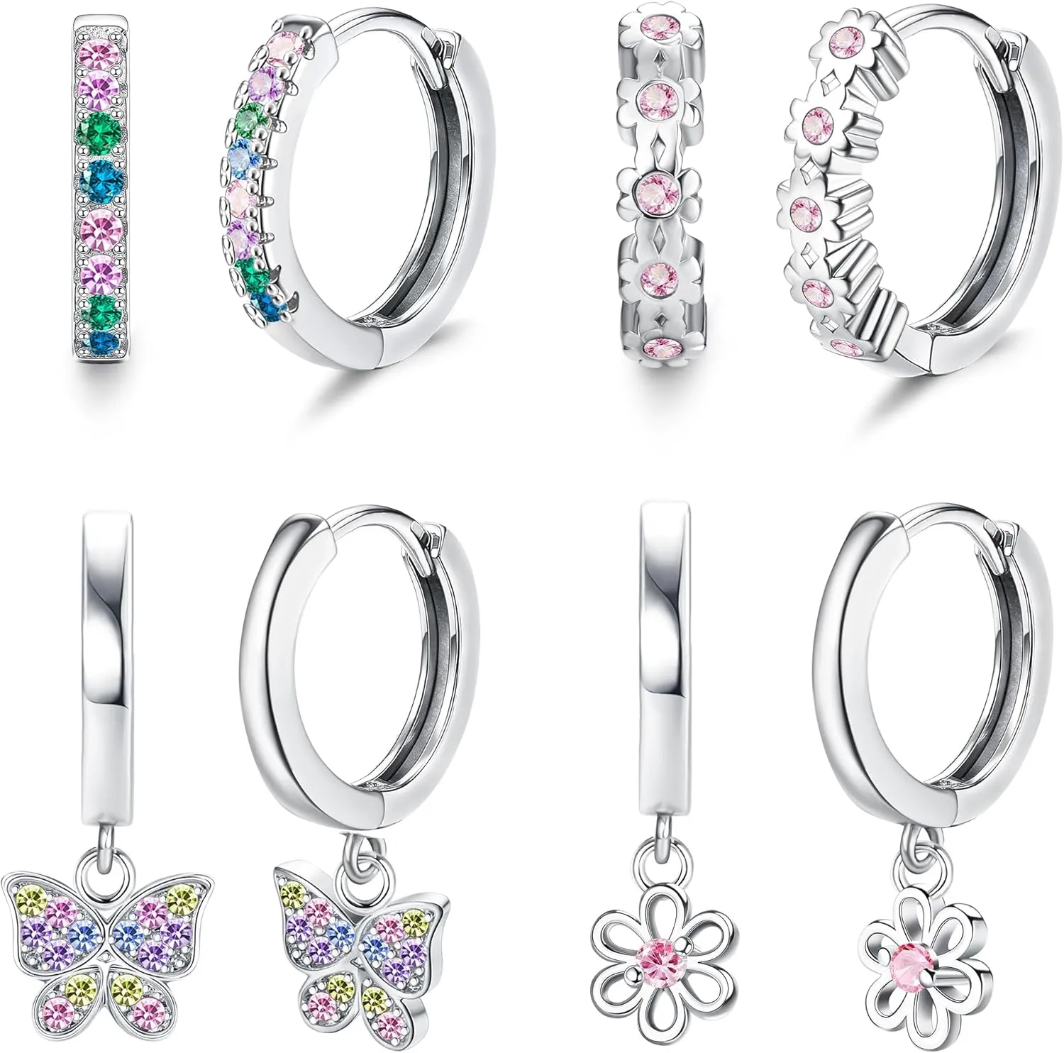 Florideco Hypoallergenic Small Hoop Earrings for Girls Women S925 Silver Needle Toddler Earrings Girls Hoop Earrings Dangling Huggie Teens Earrings Set for Sensitive Ears(over 4 years old)