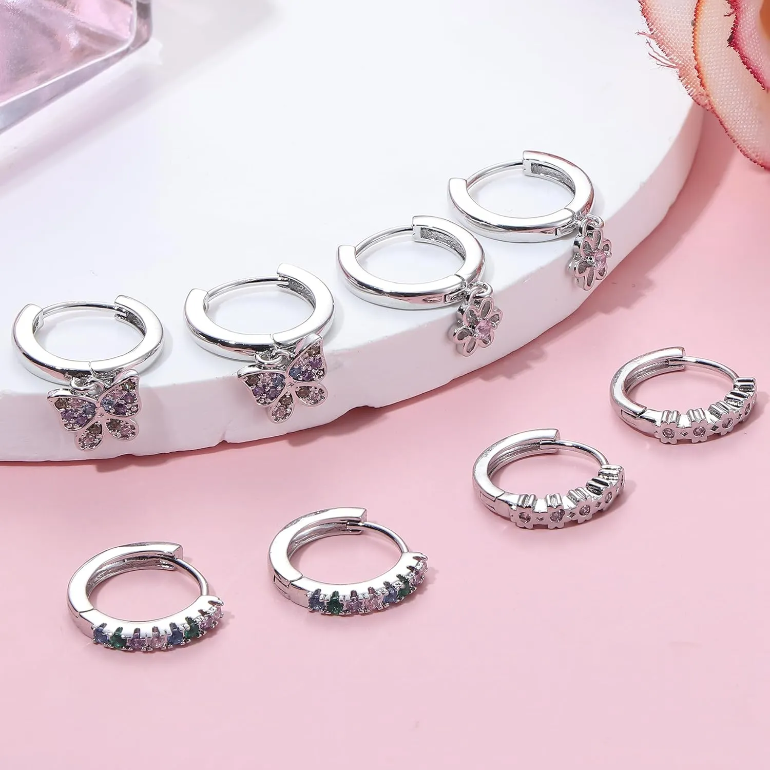 Florideco Hypoallergenic Small Hoop Earrings for Girls Women S925 Silver Needle Toddler Earrings Girls Hoop Earrings Dangling Huggie Teens Earrings Set for Sensitive Ears(over 4 years old)