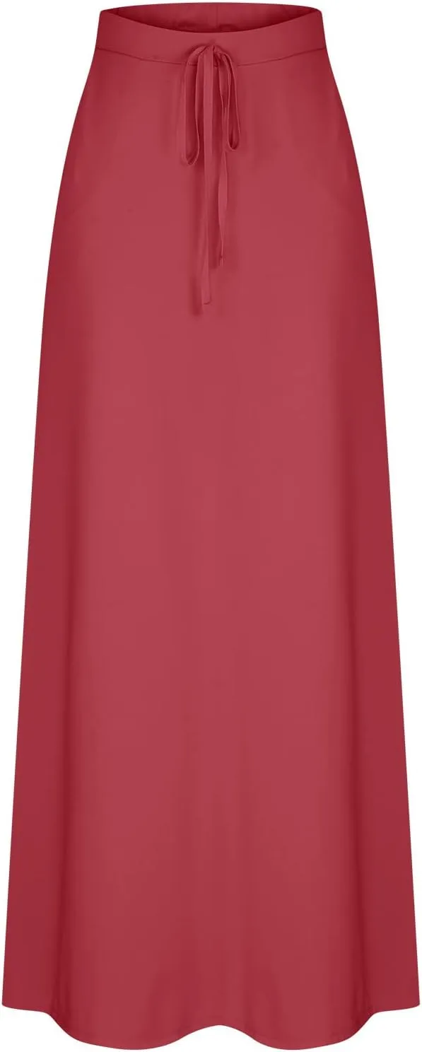 Flowy Plus Size Maxi Skirts for Women Elastic High Waisted Ankle Length Skirt Stretch A Line Drawstring Dress