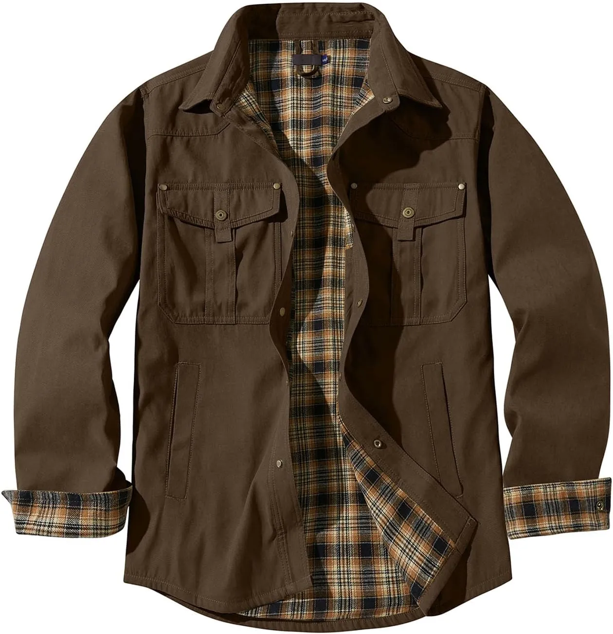 Flygo Mens Flannel Lined Shirt Jacket Vintage Snap Button Western Jacket Rugged Outdoor Cowboy Shirts Jackets