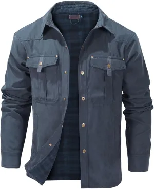 Flygo Mens Flannel Lined Shirt Jacket Vintage Snap Button Western Jacket Rugged Outdoor Cowboy Shirts Jackets