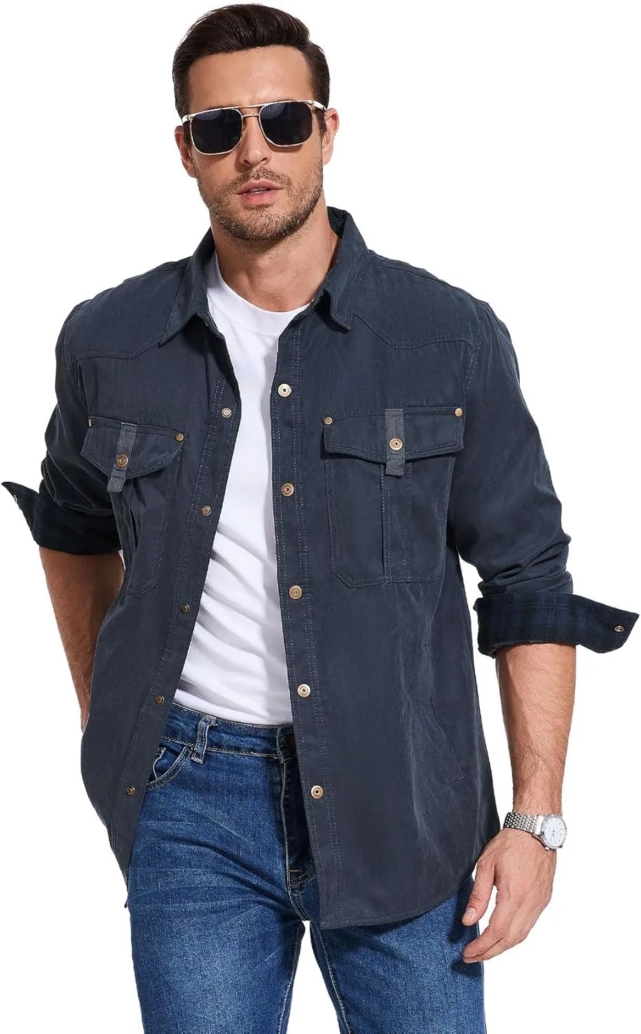 Flygo Mens Flannel Lined Shirt Jacket Vintage Snap Button Western Jacket Rugged Outdoor Cowboy Shirts Jackets
