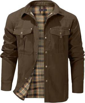 Flygo Mens Flannel Lined Shirt Jacket Vintage Snap Button Western Jacket Rugged Outdoor Cowboy Shirts Jackets