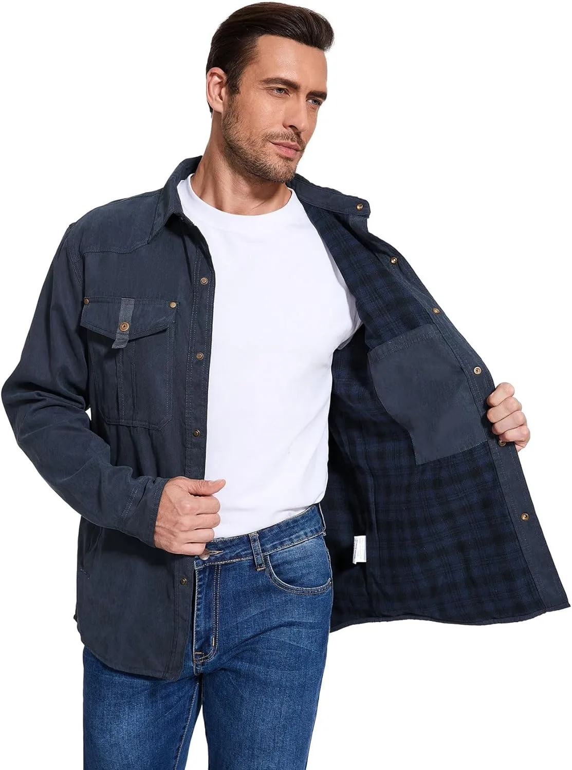 Flygo Mens Flannel Lined Shirt Jacket Vintage Snap Button Western Jacket Rugged Outdoor Cowboy Shirts Jackets