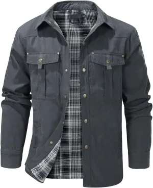 Flygo Mens Flannel Lined Shirt Jacket Vintage Snap Button Western Jacket Rugged Outdoor Cowboy Shirts Jackets