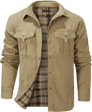 Flygo Mens Flannel Lined Shirt Jacket Vintage Snap Button Western Jacket Rugged Outdoor Cowboy Shirts Jackets