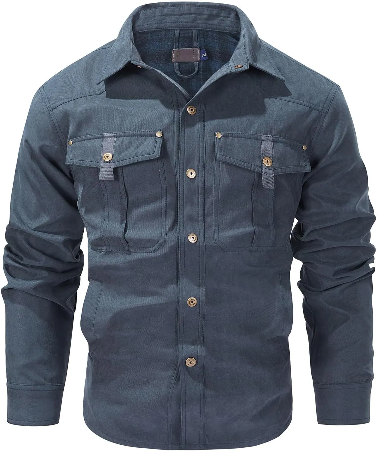 Flygo Mens Flannel Lined Shirt Jacket Vintage Snap Button Western Jacket Rugged Outdoor Cowboy Shirts Jackets