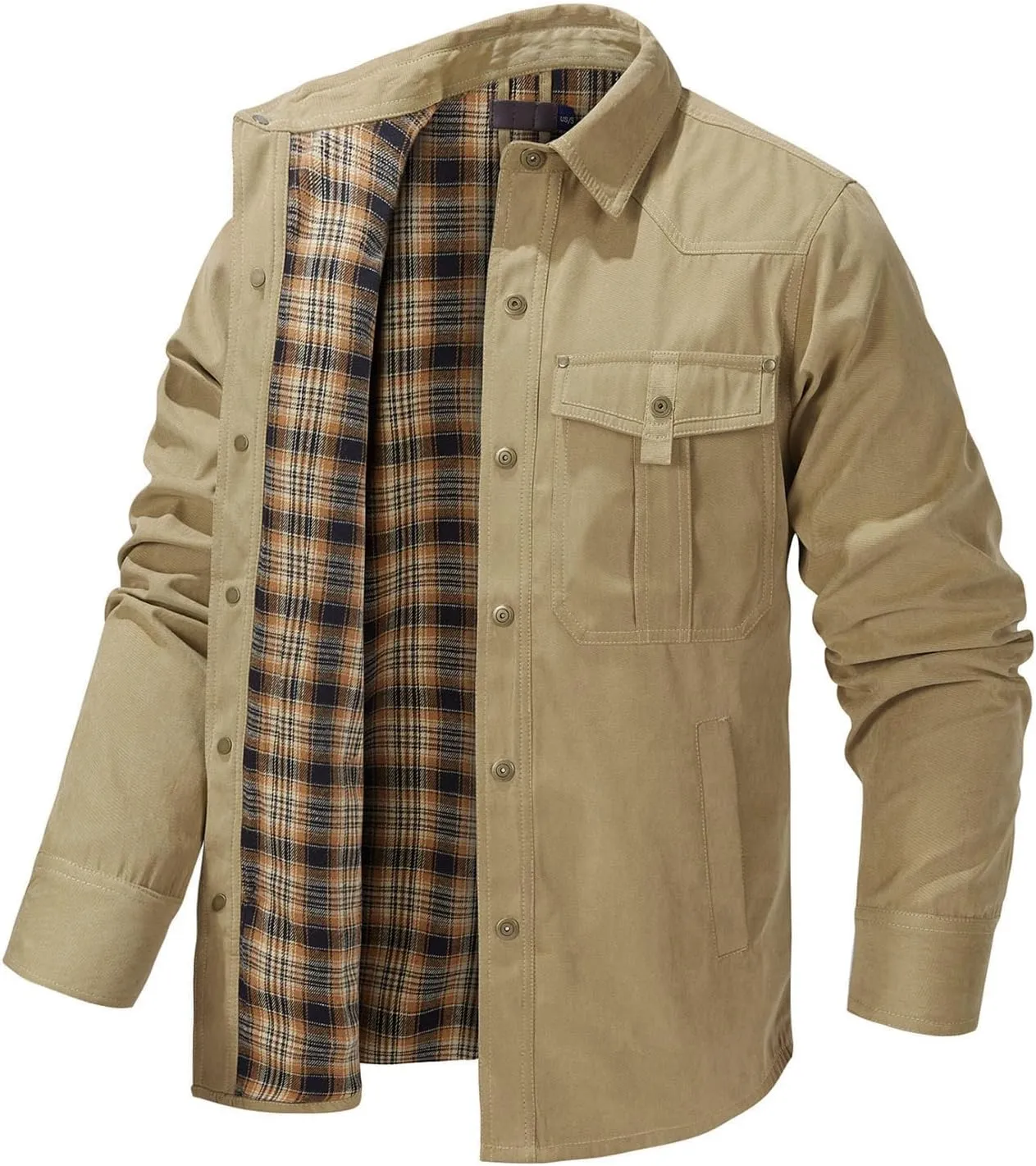 Flygo Mens Flannel Lined Shirt Jacket Vintage Snap Button Western Jacket Rugged Outdoor Cowboy Shirts Jackets