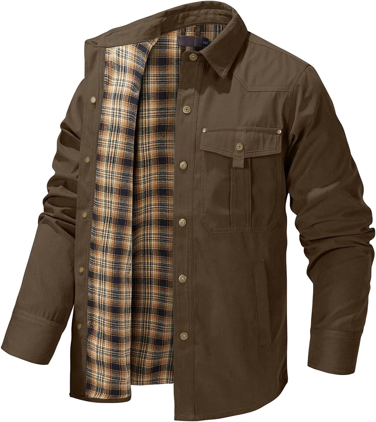 Flygo Mens Flannel Lined Shirt Jacket Vintage Snap Button Western Jacket Rugged Outdoor Cowboy Shirts Jackets