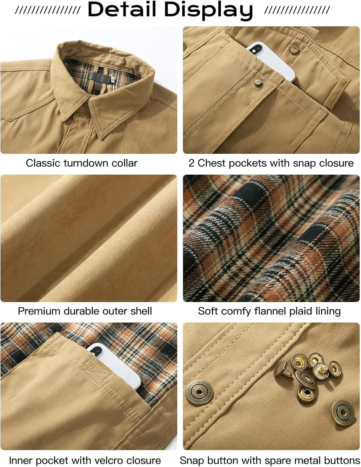 Flygo Mens Flannel Lined Shirt Jacket Vintage Snap Button Western Jacket Rugged Outdoor Cowboy Shirts Jackets