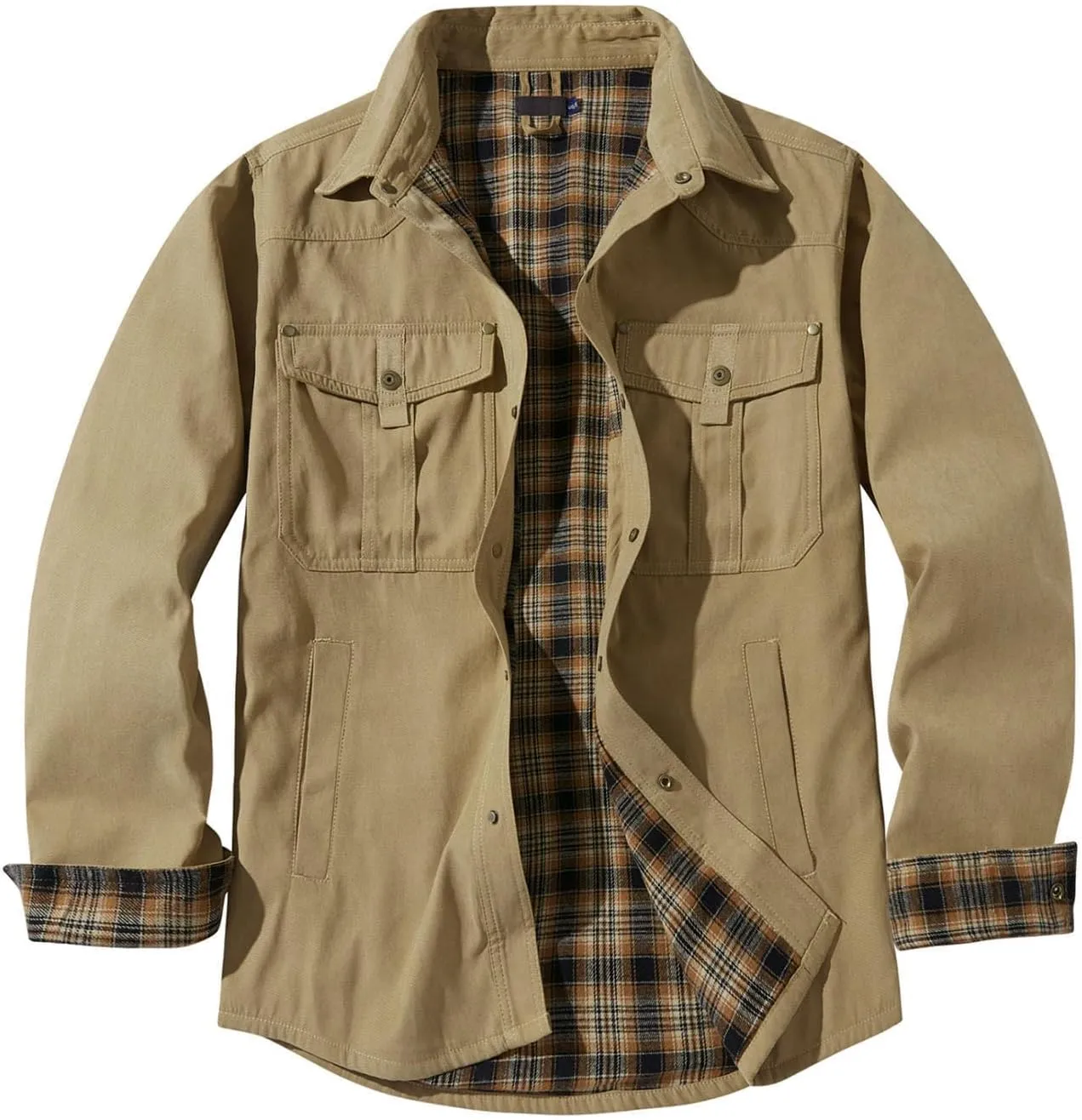 Flygo Mens Flannel Lined Shirt Jacket Vintage Snap Button Western Jacket Rugged Outdoor Cowboy Shirts Jackets