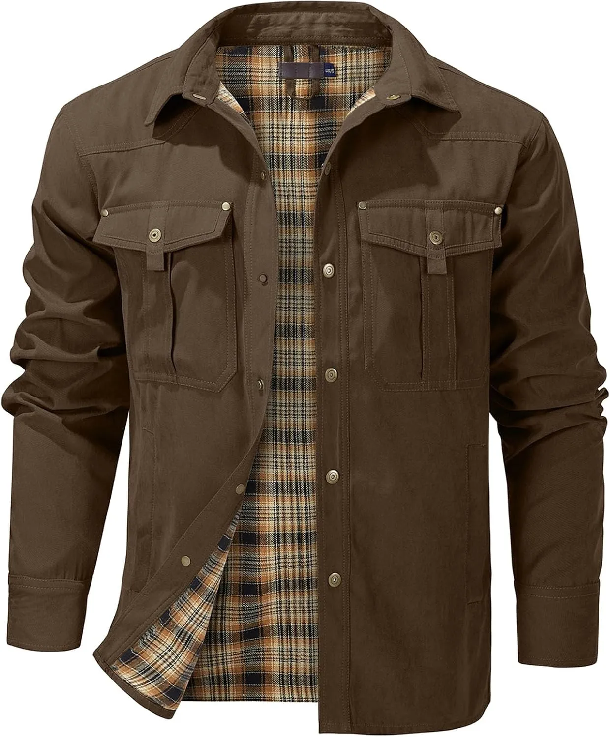 Flygo Mens Flannel Lined Shirt Jacket Vintage Snap Button Western Jacket Rugged Outdoor Cowboy Shirts Jackets