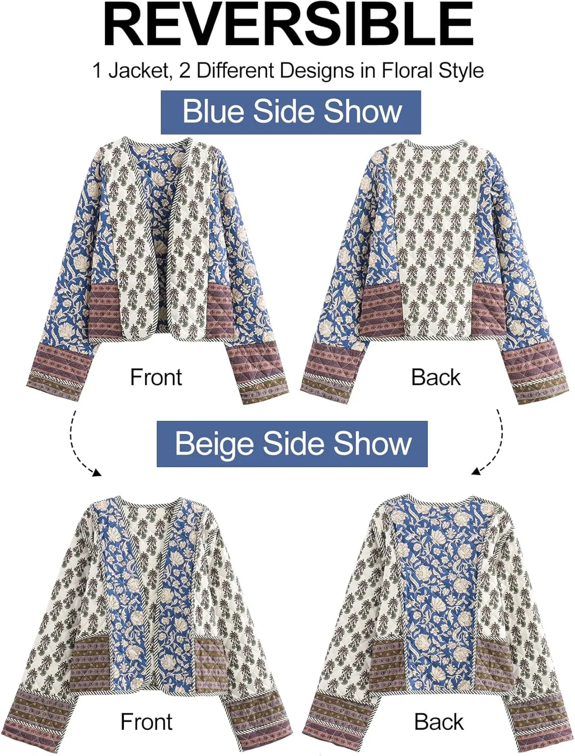Flygo Women Cropped Puffer Jacket Cardigan Floral Printed Quilted Coats Lightweight Open Front Crop Padded Down Jackets