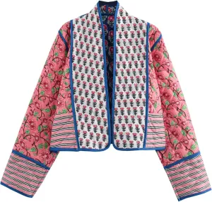 Flygo Women Cropped Puffer Jacket Cardigan Floral Printed Quilted Coats Lightweight Open Front Crop Padded Down Jackets