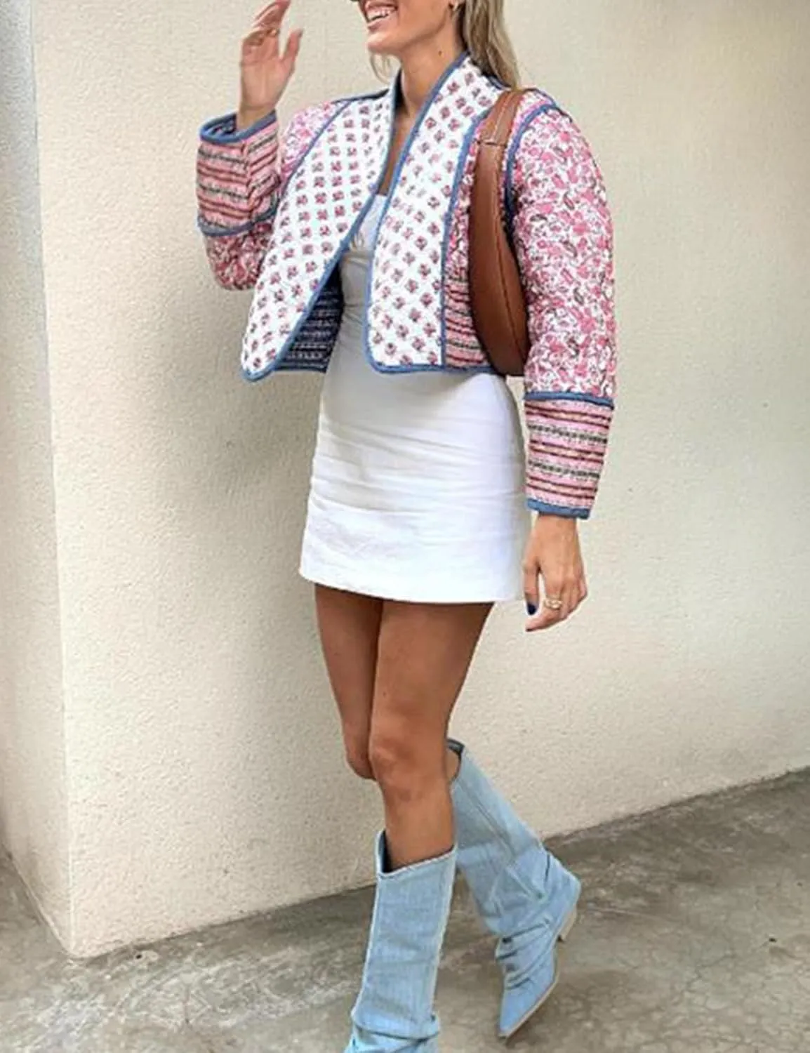 Flygo Women Cropped Puffer Jacket Cardigan Floral Printed Quilted Coats Lightweight Open Front Crop Padded Down Jackets