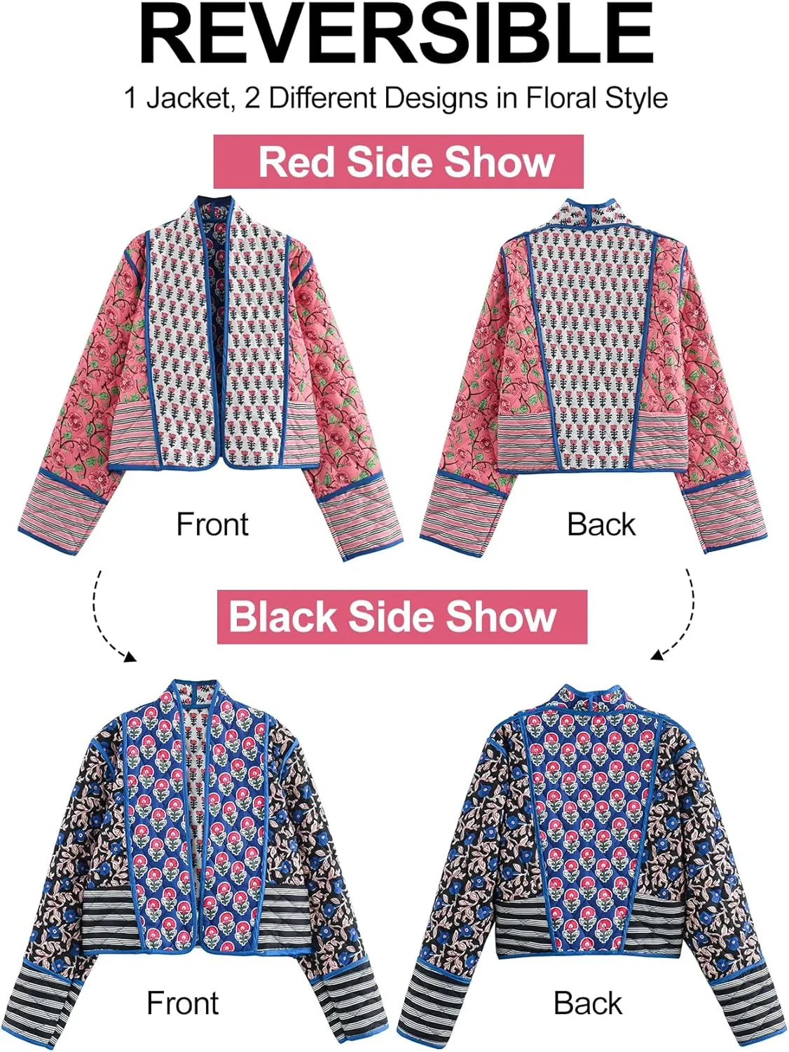 Flygo Women Cropped Puffer Jacket Cardigan Floral Printed Quilted Coats Lightweight Open Front Crop Padded Down Jackets