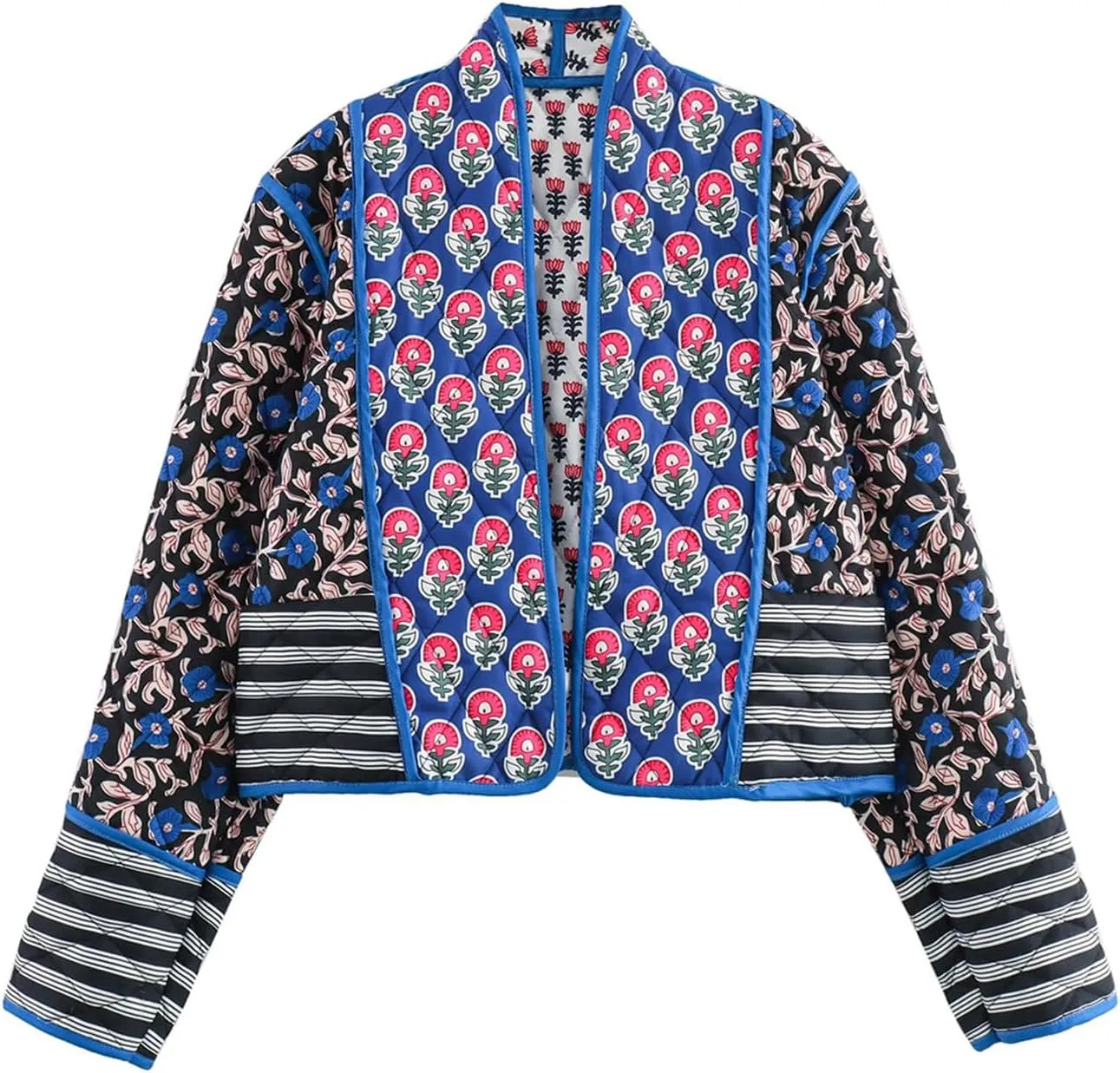 Flygo Women Cropped Puffer Jacket Cardigan Floral Printed Quilted Coats Lightweight Open Front Crop Padded Down Jackets