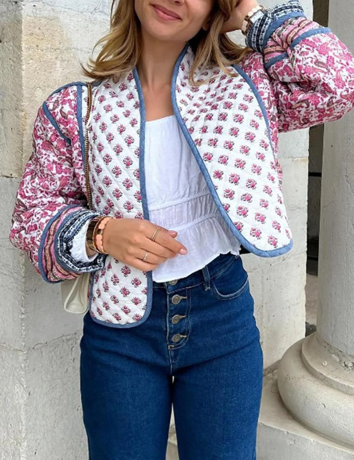 Flygo Women Cropped Puffer Jacket Cardigan Floral Printed Quilted Coats Lightweight Open Front Crop Padded Down Jackets