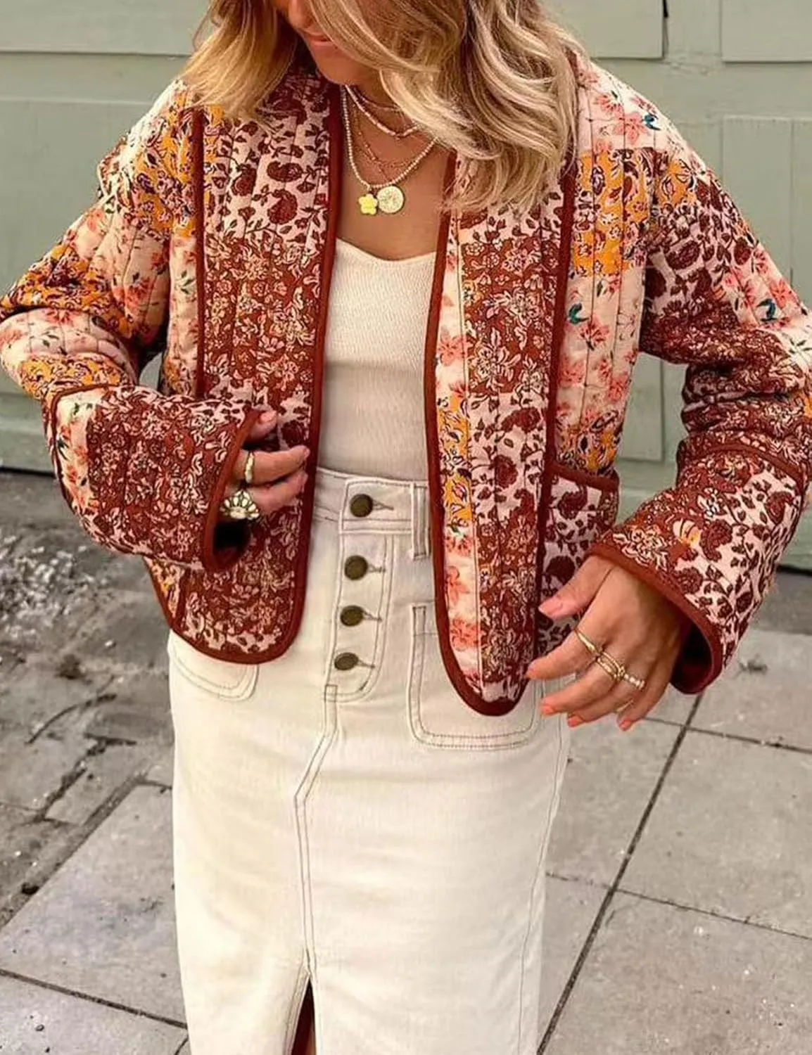 Flygo Women Cropped Puffer Jacket Cardigan Floral Printed Quilted Coats Lightweight Open Front Crop Padded Down Jackets