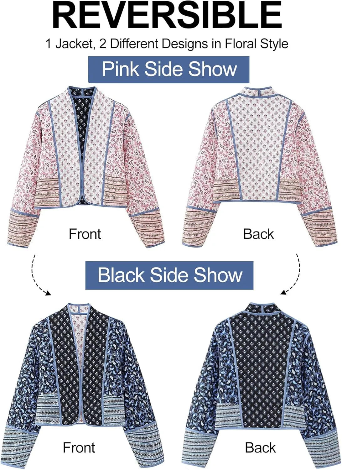 Flygo Women Cropped Puffer Jacket Cardigan Floral Printed Quilted Coats Lightweight Open Front Crop Padded Down Jackets