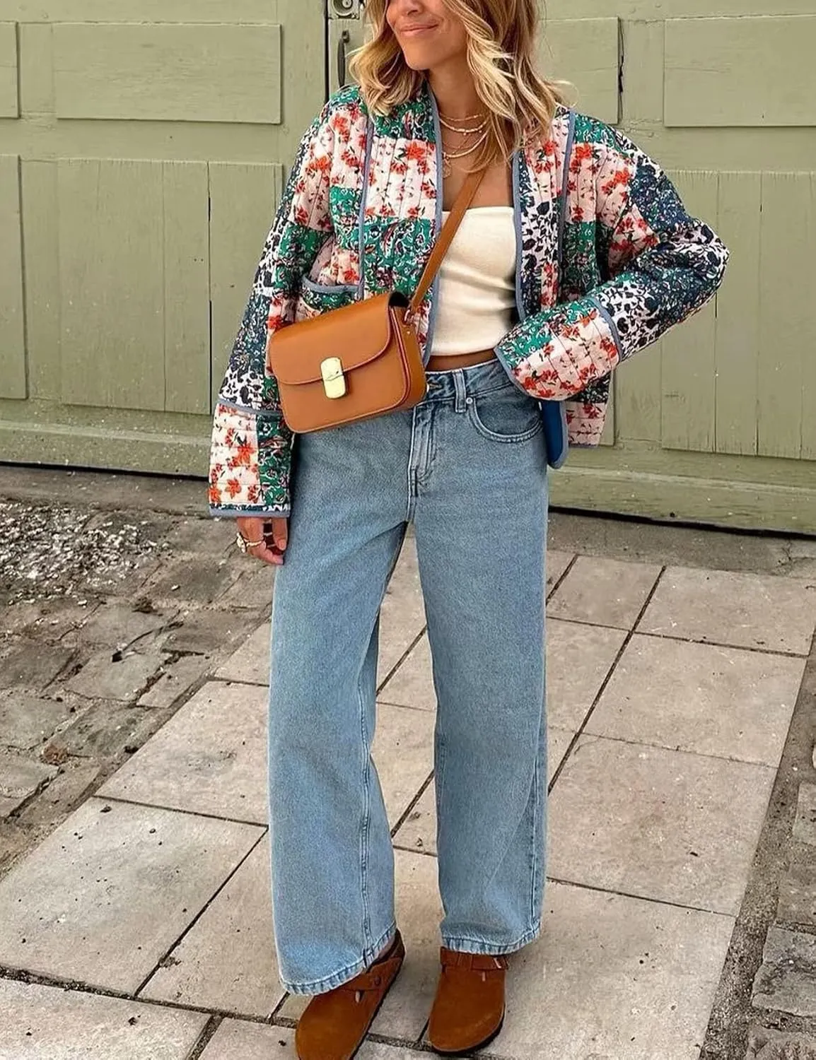 Flygo Women Cropped Puffer Jacket Cardigan Floral Printed Quilted Coats Lightweight Open Front Crop Padded Down Jackets
