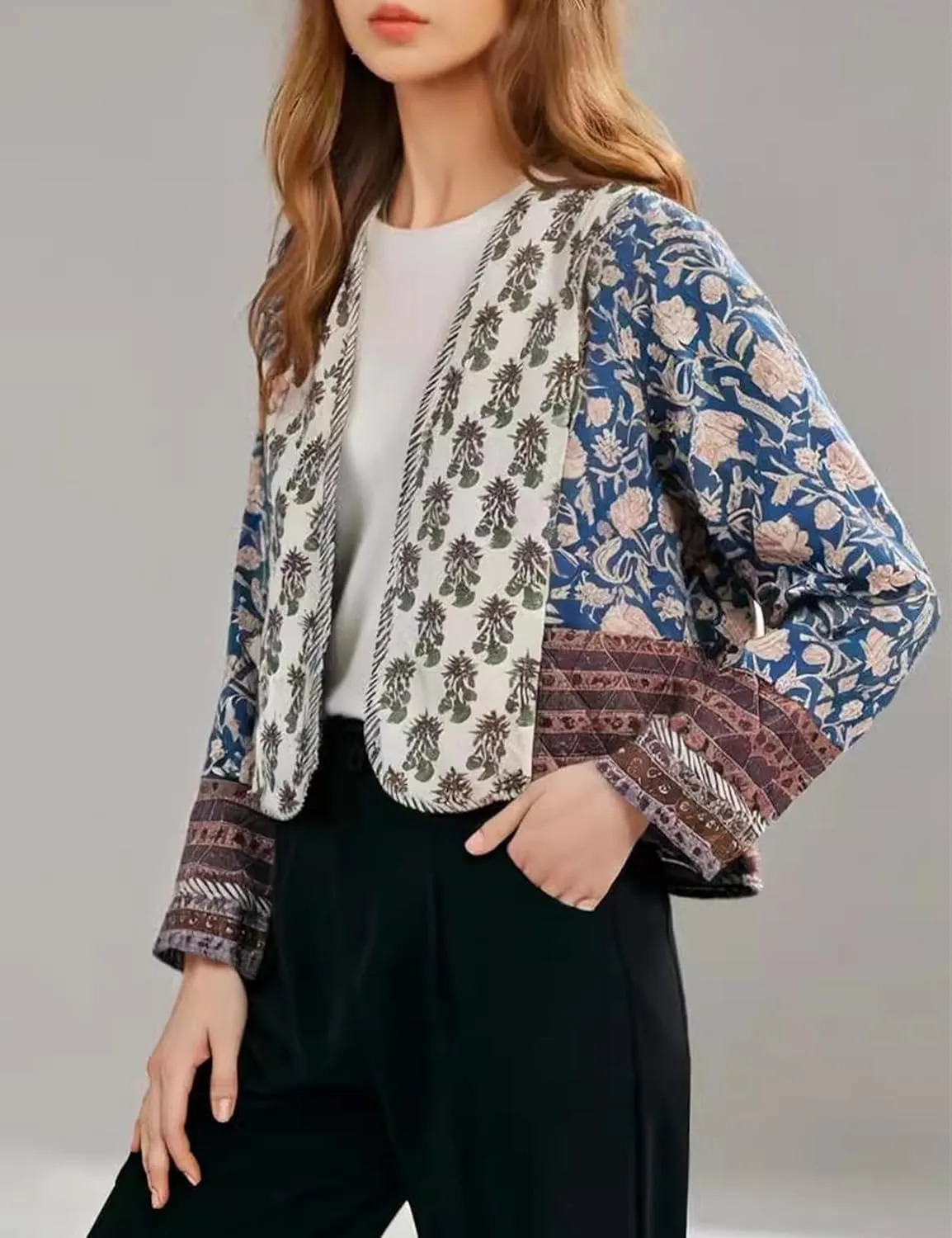 Flygo Women Cropped Puffer Jacket Cardigan Floral Printed Quilted Coats Lightweight Open Front Crop Padded Down Jackets