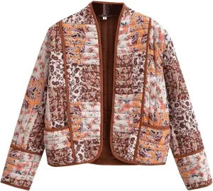 Flygo Women Cropped Puffer Jacket Cardigan Floral Printed Quilted Coats Lightweight Open Front Crop Padded Down Jackets
